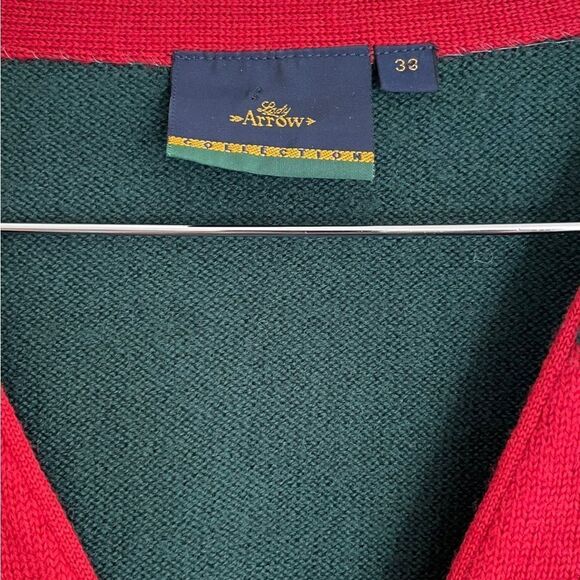 Lady Arrow Collection 100% Wool Cardigan Sweater Red Green Gold buttons Size 38 - Picture 3 of 7
